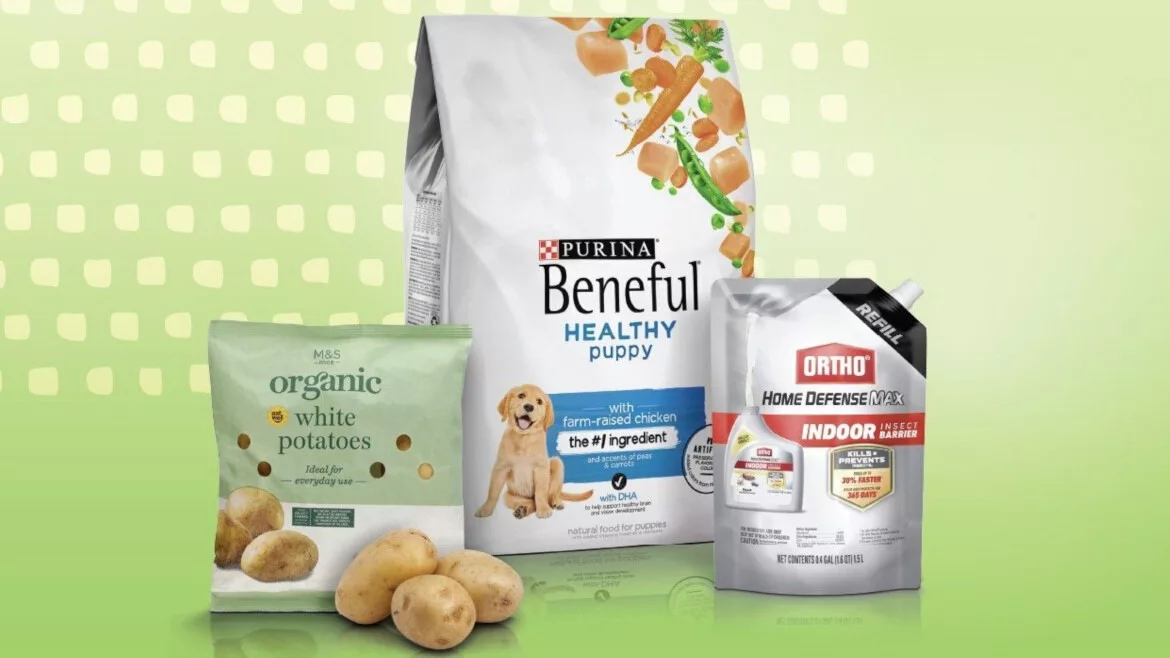 From left: M&S Potato packaging bag, Purina pet food packaging bag, Ortho insect control bag