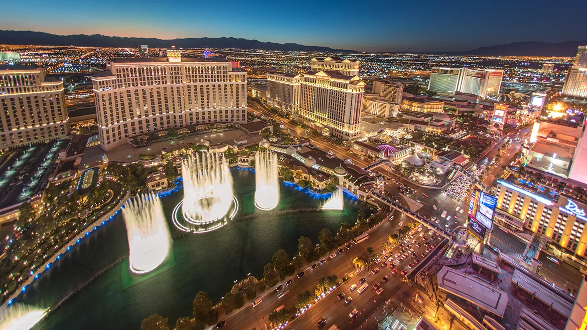 Wide-angle shot of the Las Vegas Strip at sunset.