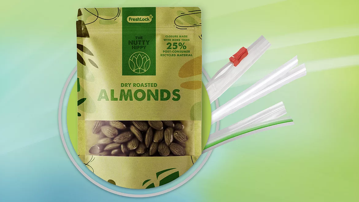 Image of a flexible pouch for almonds incorporating a closure made with more than 25% post-consumer recycled (PCR) material.