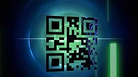 QR code scanner with neon elements against blue glowing circle