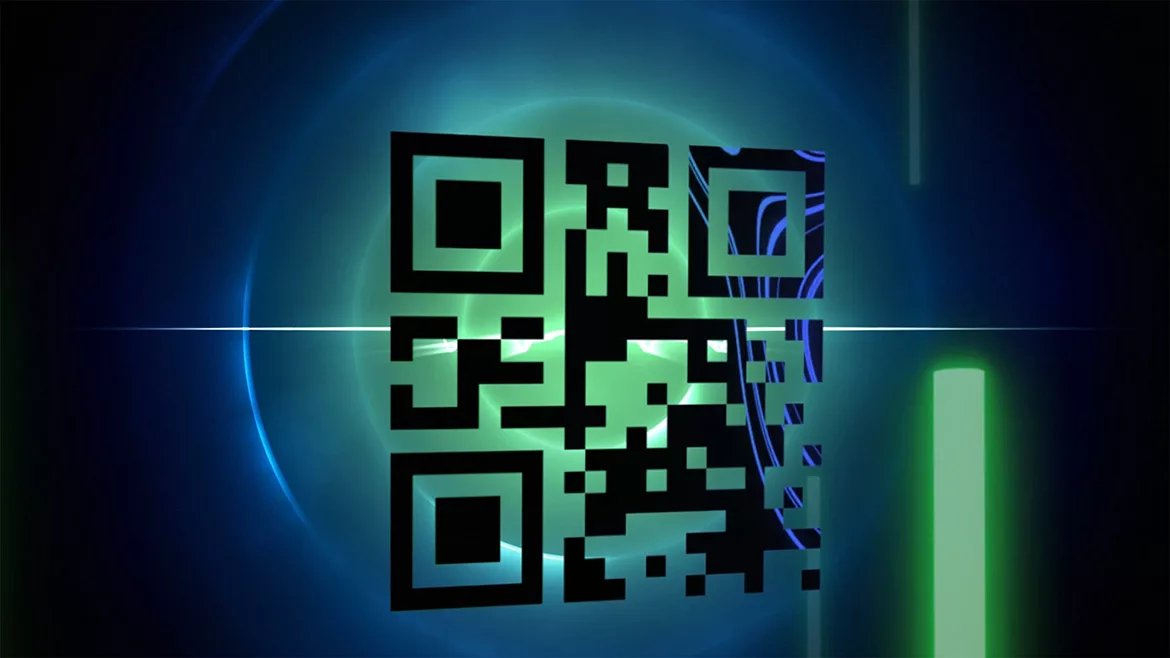 QR code scanner with neon elements against blue glowing circle