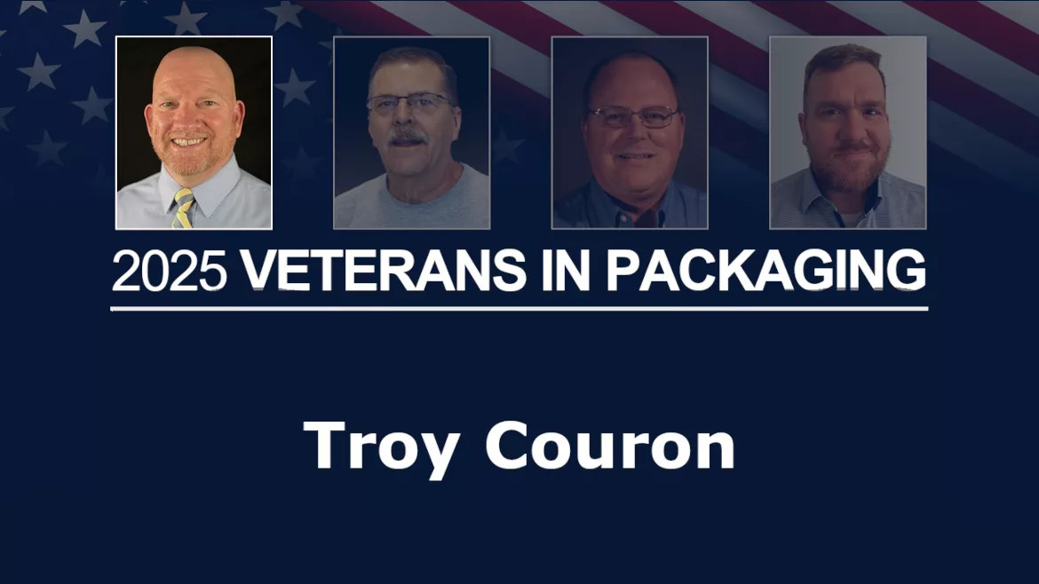 Troy Couron profile highlighted with other veteran headshots and the American flag in the background.