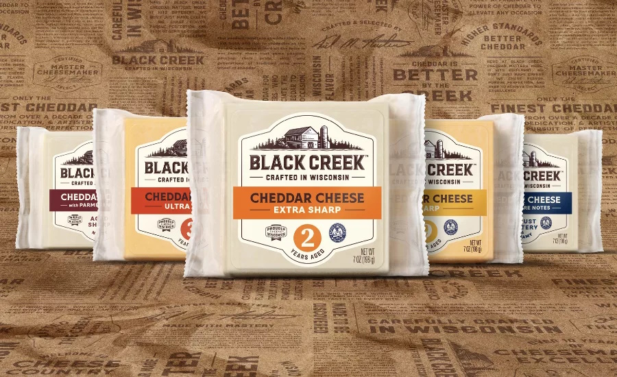 Image of revamped Black Creek Cheddar packaging that Saputo USA achieved with the help of Chase Design Group.