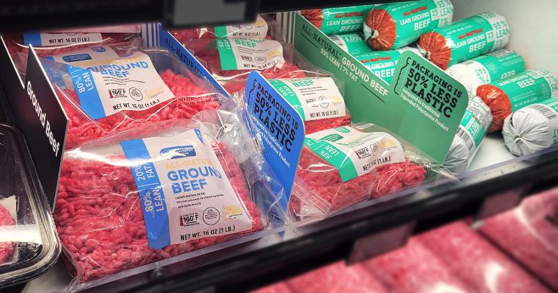 Image of ground beef in a retail meat department utilizing Tyson Food’s flow wrap packaging.