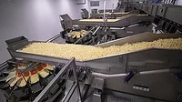Image of a vibratory scale-feed conveyor delivering controlled portions of product to each of several multi-head scales for consistent fills.