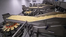 Image of a vibratory scale-feed conveyor delivering controlled portions of product to each of several multi-head scales for consistent fills.