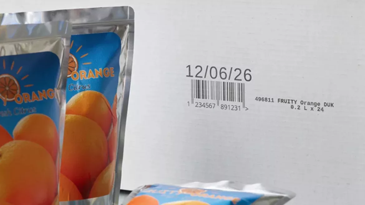 Domino printed white box with juice pouches to its left 