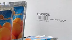Domino printed white box with juice pouches to its left 
