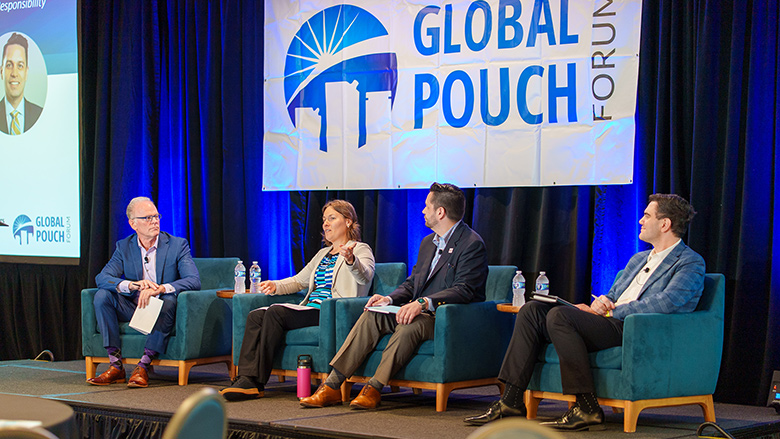 FPA President and CEO Dan Felton moderates a panel discussion at Global Pouch Forum with Rebecca Mick (Association of Plastic Recyclers), Adam S. Peer (American Chemistry Council) and Gregory Melkonian (Serlin Haley).