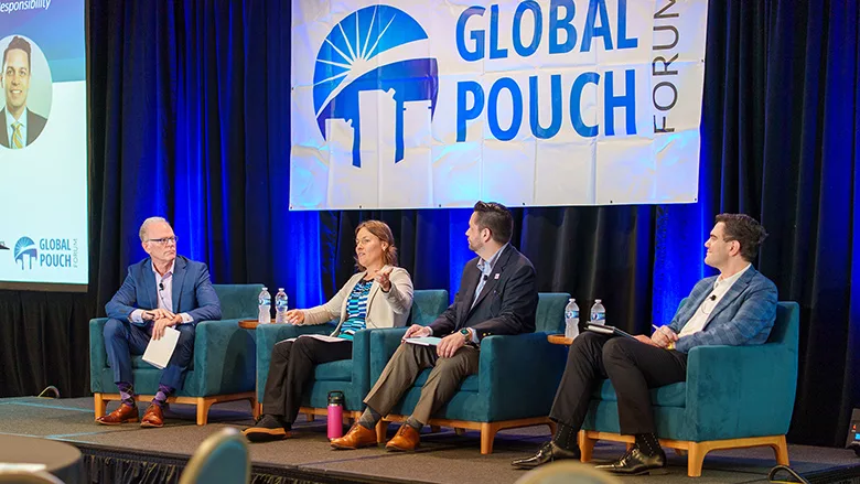 FPA President and CEO Dan Felton moderates a panel discussion at Global Pouch Forum with Rebecca Mick (Association of Plastic Recyclers), Adam S. Peer (American Chemistry Council) and Gregory Melkonian (Serlin Haley).