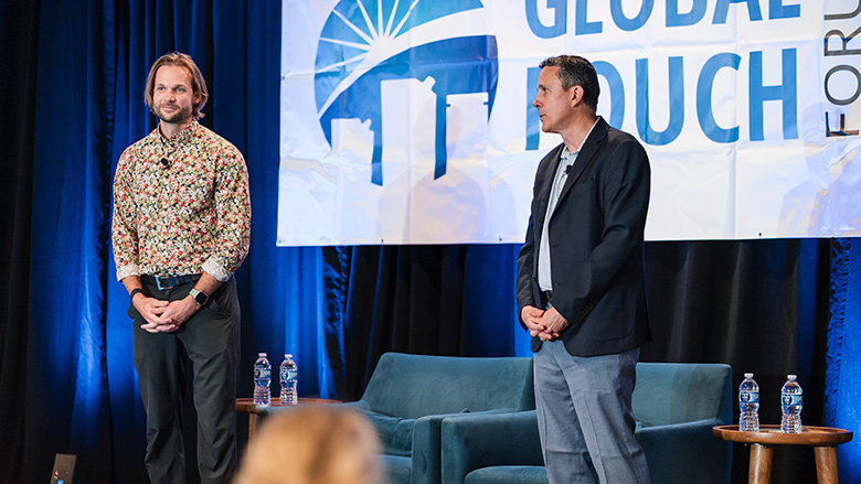 Jared Damman of WildKind Packaging and Rodrigo Castaneda of TIPA Compostable Packaging making their presentation on compostable packaging at Global Pouch Forum.