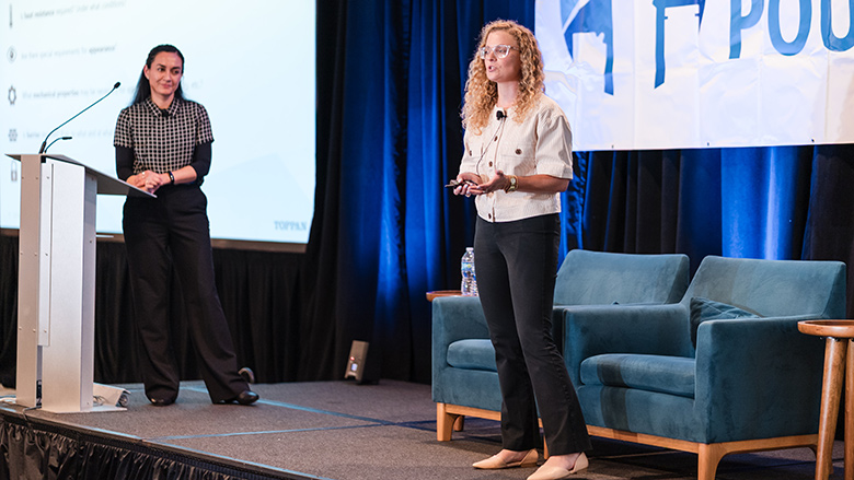 Astrid Torres and Haley Rapp of TOPPAN Packaging Americas onstage during their presentation at Global Pouch Forum.