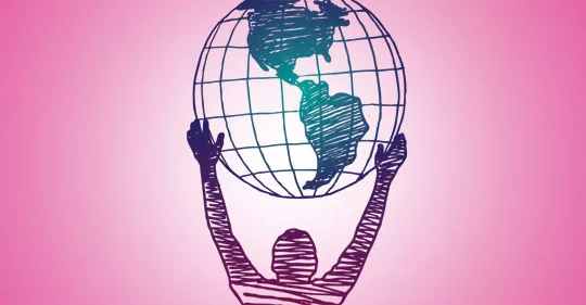 man holding earth above head graphic