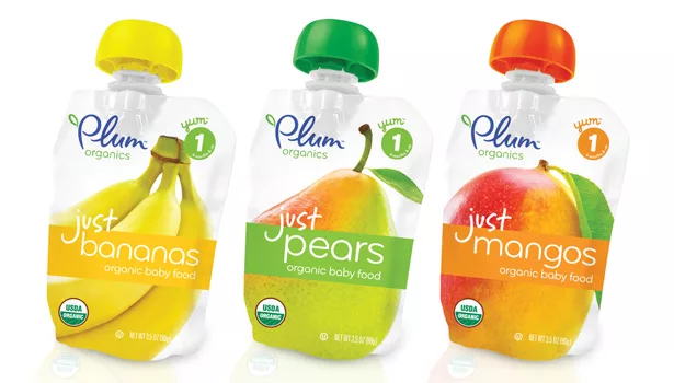 babies eating plum pouches food bananas pears mangos