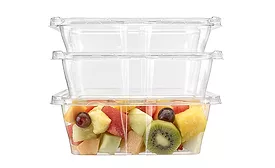 A stack of clear plastic containers, the bottom full of mixed fruit