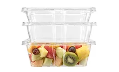 A stack of clear plastic containers, the bottom full of mixed fruit