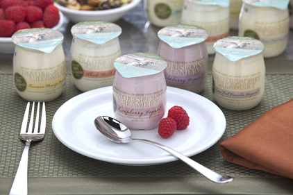 Single-serve yogurt glass jars feature foil lids