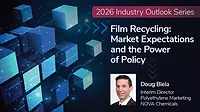 Foreground: 2026 Industry Outlook Series - Film Recycling: Market Expectations and the Power of Policy – Headshot of Doug Biela. Background: Small blue cubes on dark blue gradient technology background.