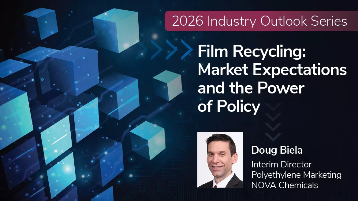 Foreground: 2026 Industry Outlook Series - Film Recycling: Market Expectations and the Power of Policy – Headshot of Doug Biela. Background: Small blue cubes on dark blue gradient technology background.
