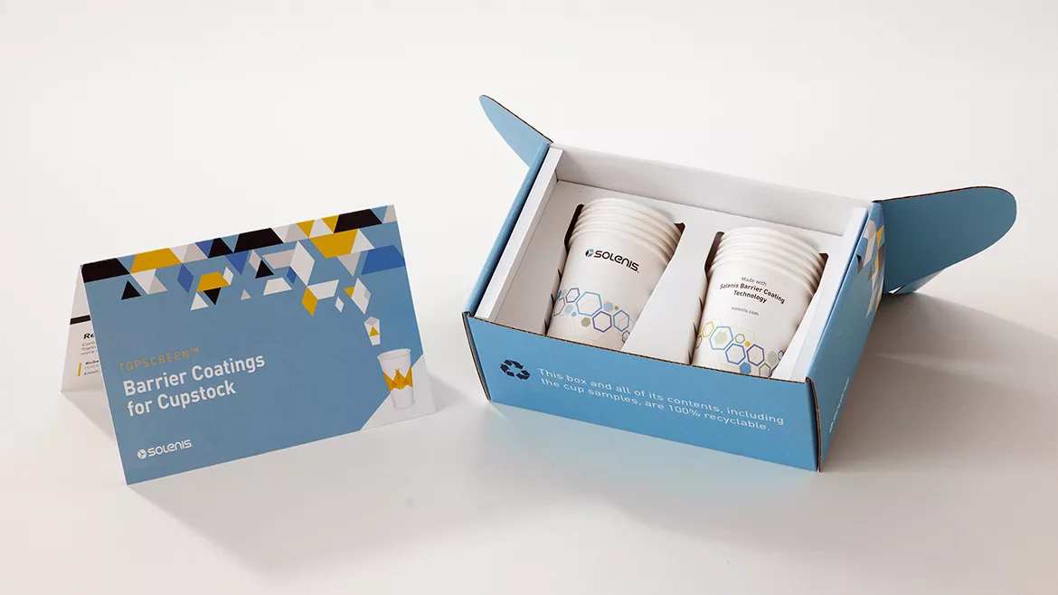 Image of paper cups employing a recyclable barrier coating.