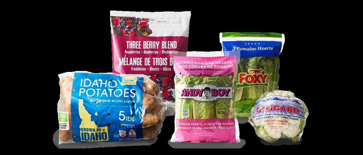 Image of several different brands of produce featuring packaging from Emerald Packaging with post-consumer recycled (PCR) content on a black background.