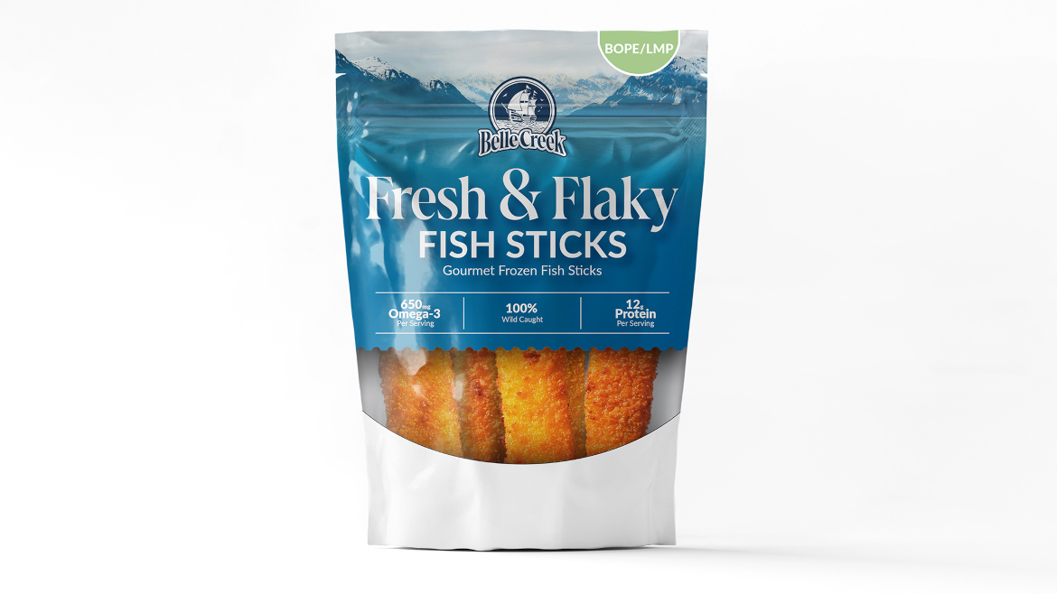 Image of fish sticks in BOPE flexible pouch packaging on a white background.