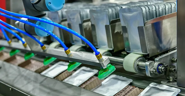Pouch packaging on an industrial modern machine for packaging line