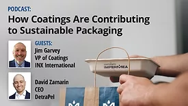 Image of foodservice packaging utilizing a coating produced by Impermea Materials. The inset headshots are of Jim Garvey (top) and David Zamarin (bottom)