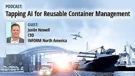 Background of Logistics and transportation of container cargo ship and cargo plane with working crane bridge in shipyard at sunrise. Inset of Justin Newell headshot.