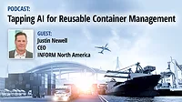 Background of Logistics and transportation of container cargo ship and cargo plane with working crane bridge in shipyard at sunrise. Inset of Justin Newell headshot.