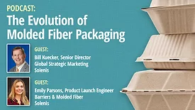 The Evolution of Molded Fiber Packaging - Guests: Bill Kuecker and Emily Parsons, Soloenis. Background image of teal fiber pattern with three recycled to-go containers.