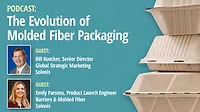 The Evolution of Molded Fiber Packaging - Guests: Bill Kuecker and Emily Parsons, Soloenis. Background image of teal fiber pattern with three recycled to-go containers.