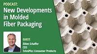 April 2025 Packaging Perspectives Podcast: TekniPlex New Developments in Molded Fiber Packaging podcast featuring Eldon Schaffer, CEO, TekniPlex Consumer Products. Egg crate packaging over fiber packaging material illustration.