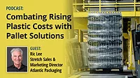 PS May 2026 Atlantic Podcast hero image PODCAST | Combating Rising Plastic Costs with Pallet Solutions; Image of pallet of plastic beverage bottles packed in stretch wrap; and Ric Lee headshot and title.