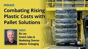PS May 2026 Atlantic Podcast hero image PODCAST | Combating Rising Plastic Costs with Pallet Solutions; Image of pallet of plastic beverage bottles packed in stretch wrap; and Ric Lee headshot and title.