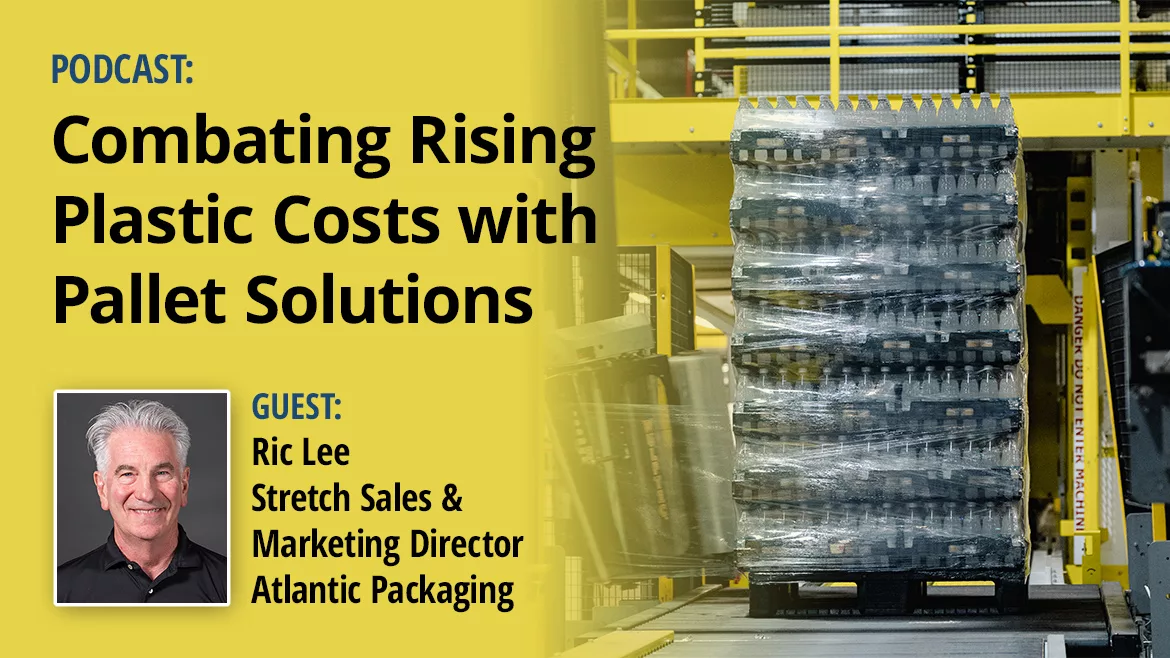 PODCAST | Combating Rising Plastic Costs with Pallet Solutions; Image of pallet of plastic beverage bottles packed in stretch wrap; and Ric Lee headshot and title.