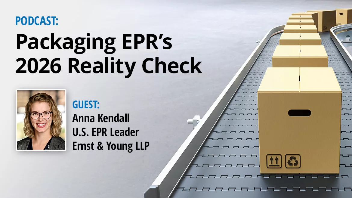Podcast | Packaging EPR’s 2026 Reality Check” with guest Anna Kendall headshot and title. Also pictured Cardboard boxes on conveyor belt.