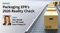Podcast | Packaging EPR’s 2026 Reality Check” with guest Anna Kendall headshot and title. Also pictured Cardboard boxes on conveyor belt.