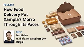 Examples of packaging utilizing Xampla’s plastic-free Morro Coatings with the podcast title and inset headshot of Sam Walker on the left side.