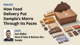 Examples of packaging utilizing Xampla’s plastic-free Morro Coatings with the podcast title and inset headshot of Sam Walker on the left side.
