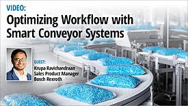 Video: Optimizing Workflow with Smart Conveyor Systems. Guest: Krupa Ravichandraan of Bosch Rexroth. Background of Bosch Rexroth conveyor system.